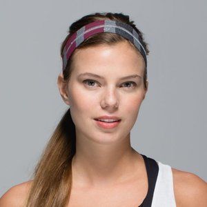 3/$36 - Lululemon Fly Away Tamer Headband, grey burgundy charcoal stripe mauve